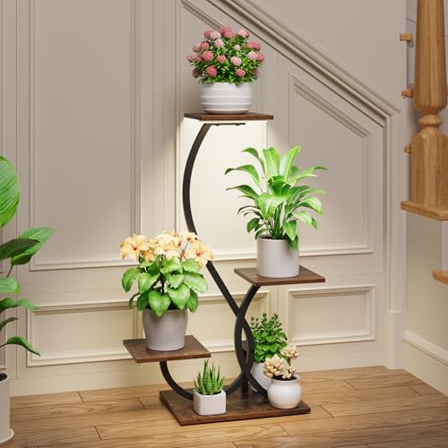 BACEKOLL Plant Stand with Grow Lights 4 Tier Metal Indoor Plant Shelf 32" | S-Shaped Corner Plant Stands Indoor, Grow Light Dimmable Timer, 17" Spacing, Anti-tip Straps, Easy Setup, Black Plant Shelves