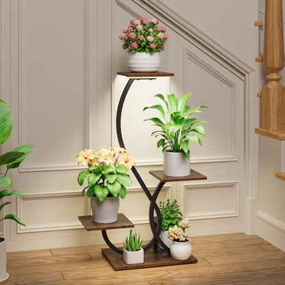 BACEKOLL Plant Stand with Grow Lights 4 Tier Metal Indoor Plant Shelf 32" | S-Shaped Corner Plant Stands Indoor, Grow Light Dimmable Timer, 17" Spacing, Anti-tip Straps, Easy Setup, Black Plant Shelves