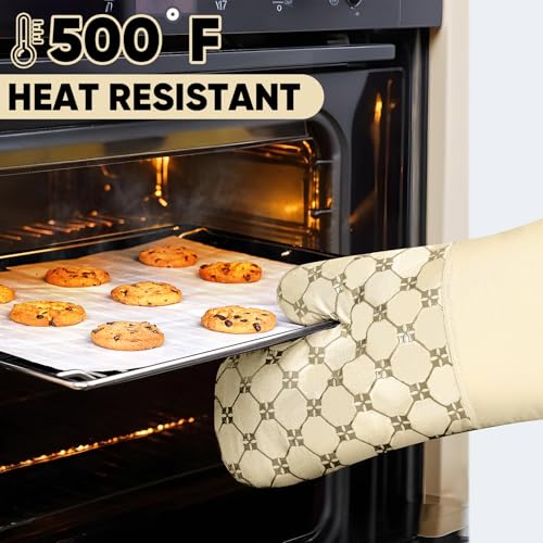Oven Mitts Kitchen Towels Dishcloths with Pot Holders Sets 12PCS, Dish Towels Sets, Oven Gloves Pot Pads Heat Resistant 500 Degrees with Non-Slip Silicone Surface for Cooking Baking Grilling-Beige - color: Beige