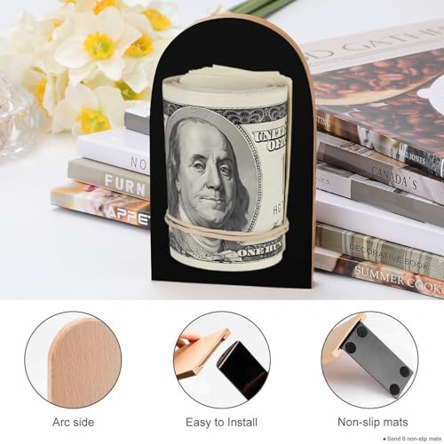 Money Roll 100 Hundred Dollar Decorative Bookends for Shelves Wood 1 Pair Desktop Book Stands for Home Office