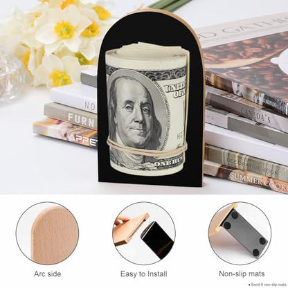 Money Roll 100 Hundred Dollar Decorative Bookends for Shelves Wood 1 Pair Desktop Book Stands for Home Office