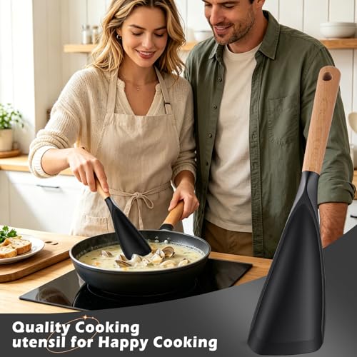 Cooking Spoon for Nonstick Cookwares, Multifunction Spatula Spoon, Great for Both Cooking and Serving, Wood Handle Spoon for Stirring, Mixing, Serving (2, BLACK) - color: Black