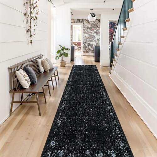 Hedlive Vintage Black Rug Runners for Hallways Non Slip, 2.6x10 Washable Long Runner Rug for Entryway, Ultra-Thin Soft Runner Carpet for Kitchen Bedroom Bathroom (2'6"x10', Black) - color: Black, size: 2'6" x 10' (Runner)