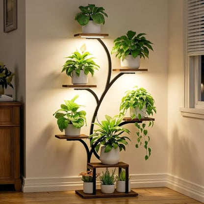 BACEKOLL Plant Stand Indoor with Grow Light, 7 Tier 49" Lighted Plant Shelf | Tree-Shaped Tall Holder with Full Spectrum Light for Indoor Growing, Sturdy Metal Rack for Home Corner, Space-Saving, Brown