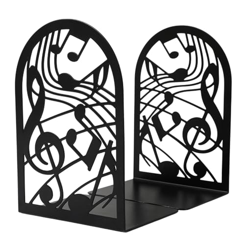 Music Note Book Ends, Heavy Duty Metal Bookends for Shelves | Non Skid Metal Book Divider Decorative Holder, Abstract Art Desgin Book Stopper Supports for Office, Home - color: Music Note