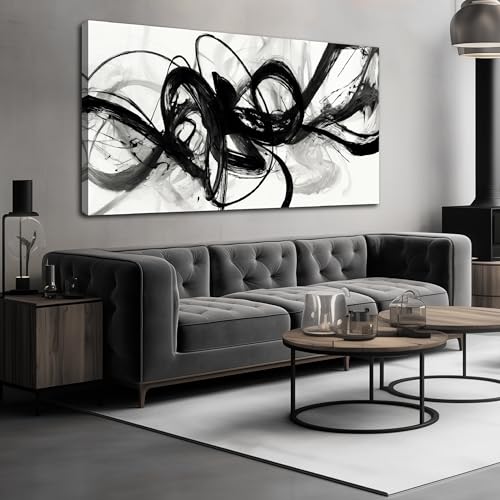 Abstract Wall Art Black and White Swirl Lines Canvas Prints 29"x58" | Large Minimalist Artwork,Living Room,Bedroom Home Office Decor, Framed, Easy to hang,Modern Decor,Gift - color: black, size: 29"L x 58"W