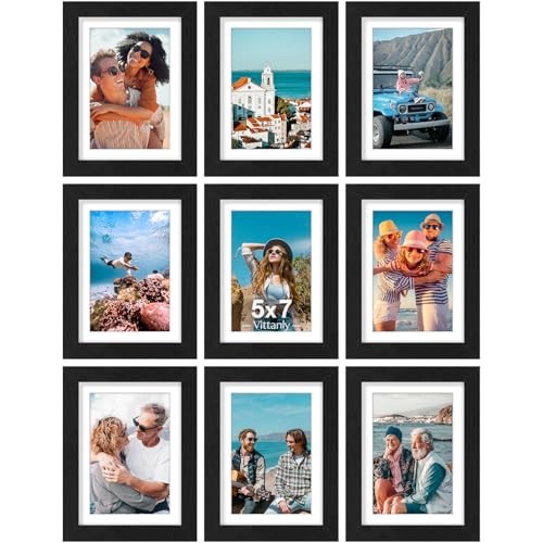 Vittanly 5x7 Picture Frames Set of 9 for Wall or Tabletop Display, Black | Display Pictures 4x6 with Mat or 5x7 without Mat, Small Photo Frames, Engineered Wood with Shatter Resistant Plexiglass - color: Black, size: 5x7