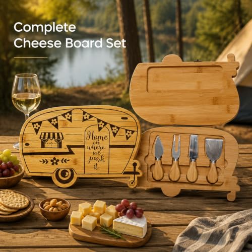 Foldable RV Charcuterie Board Set - Bamboo Cutting Board & Serving Tray | House Warming Gifts New Home, Happy Camper Decor - Birthday, Wedding, Bridal Shower Gifts for Women & Couples