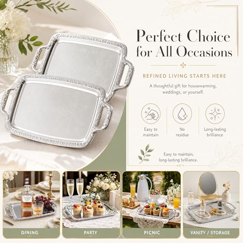 2 Pack Silver Serving Trays with Handles, Floral Engraved Polished Metal Platters, Multipurpose Decorative Tray for Food Serving Jewelry Cosmetics Home Party Decor