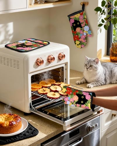 Miss Adola Cotton Oven Mitts and Pot Holders Sets, Floral Feline | Heat-resistant up to 350°F, Pure Cotton, Quilted Contact Surface, Stylish Design, with Hanging Loop, Ready to Gift Package - color: Floral Feline