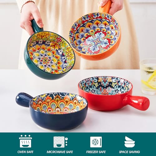 vancasso Boho 23 Oz French Onion Soup Bowls with Handles, Ceramic, Set of 4 | Bohemian ceramic soup crocks with handles,Microwave & dishwasher safe,6.2 inch, 23 oz, For cereal, pasta, stew & chili