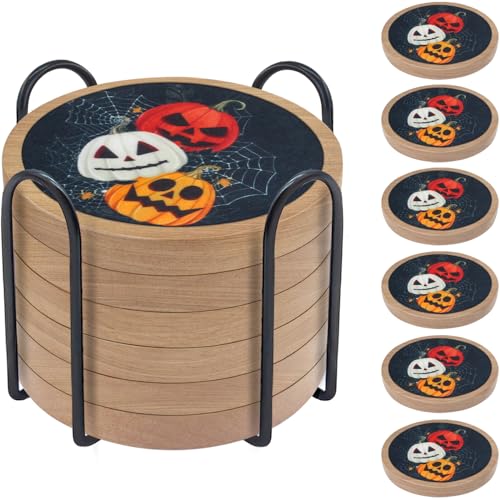 Halloween Coasters Set of 6, Pumpkins Coaster, Minacun Black Absorbent Coasters with Holder Halloween Thanksgiving Themed Party Decoration 4.3 Inch - color: #6-pumpkins
