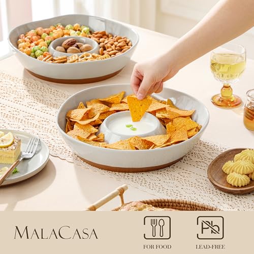 MALACASA Ceramic Chips and Dip Serving Tray, 12 Inch Dip Serving Tray | Free-Form Divided Ceramic Chips and Dip Bowls for Parties, Hosting and Entertaining, Khaki Gray - color: Khaki Gray