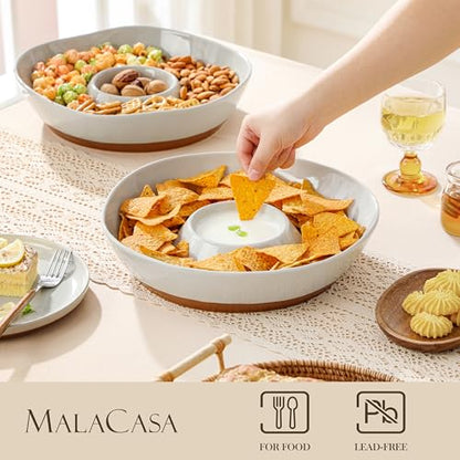 MALACASA Ceramic Chips and Dip Serving Tray, 12 Inch Dip Serving Tray | Free-Form Divided Ceramic Chips and Dip Bowls for Parties, Hosting and Entertaining, Khaki Gray - color: Khaki Gray
