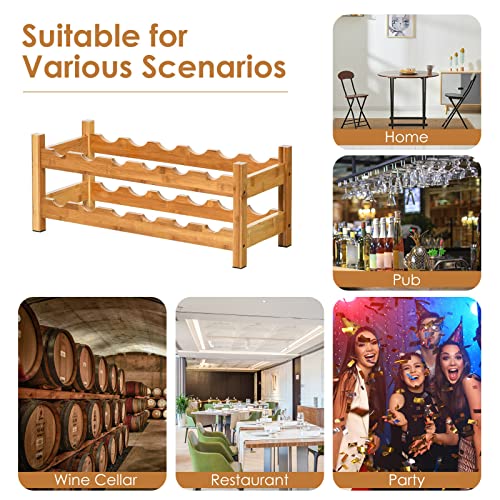 HAPPYGRILL Wine Rack, Free Standing 12 Bottles 2-Tier Wine Display Rack, Bamboo Wine Storage Rack Countertop, Natural Wine Bottle Holder Shelf for Bar, Home, Kitchen, Pantry - color: Nature