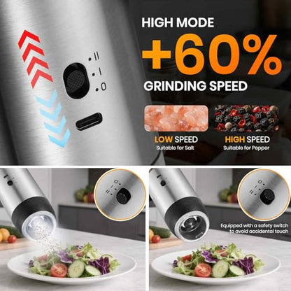 Gravity Electric Salt Grinder Set,Stainless Steel 2 Pack | with Variable Grinding Speed, External Adjustable Coarseness, One Hand Operation - color: Stainless Steel