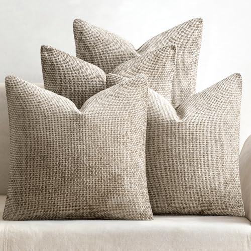 MIULEE Soft Decorative Chenille Pillow Covers Khaki 18x18 Pack of 4 | Modern Home Decor, All Same Khaki Color Set, Couch Throw Pillows, Farmhouse Boho Cushion Covers for Sofa Bed Living Room - color: Khaki, size: 18" x 18" (Pack of 4)