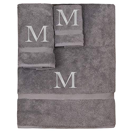 Monogrammed Towel Set, Personalized Gift, Set of 3- Silver Block Letter Embroidered Towel - Extra Absorbent 100% Turkish Cotton - Soft Terry Finish - Initial M Gray - color: Gray & Silver, size: Initial - M