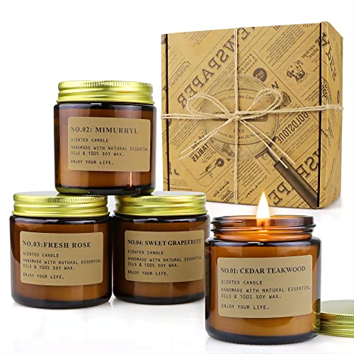 YFYTRE 4 Pack Scented Candle Set Soy Wax Candles, Aromatherapy Candles for Home Decoration, Jar Candles Gift for Women Mother with Amber Glass Jars and Kraft Wrapping - color: Amber(4 Pack)