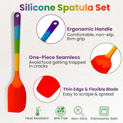 Silicone Spatula Set,9-Piece BPA Free Food Grade Heat Resistant Spatulas for Cooking Baking,Seamless One Piece Design,Non-Stick Safe,Dishwasher Safe,Withstands -104°F to 600°F（Rainbow） - color: Rainbow
