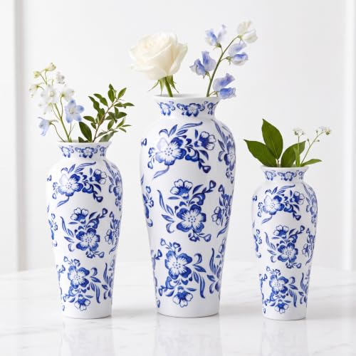 LemonRoad 3 Pack Chinoiserie Vases Porcelain Blue and White Vases for Flowers Pottery Chinoiserie Ceramic Vase for Living Room Mother's Day Decor Table Centerpiece, 6.7", 8.3", 10"(Lotus) - style: Lotus