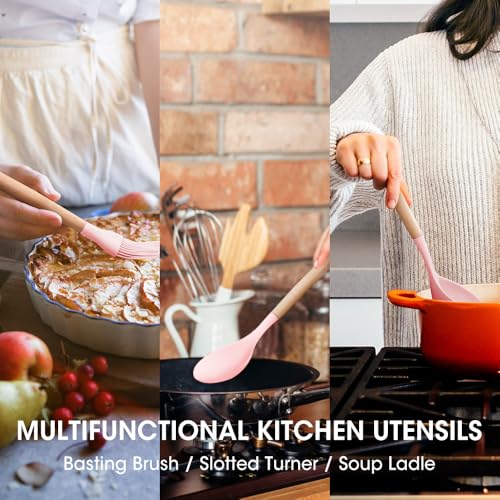 Kitchen Utensils Set Silicone Kitchen Utensils Set with Wooden Handle Utensils for Cooking Heat Resistant Silicone Non-Stick Cookware BPA FREE (Pink) - color: Pink