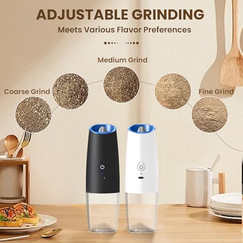 Rechargeable Gravity Salt Pepper Grinder Set, 2 Pack(Black&White) | Gravity Automatic Grinder With LED Light & Adjustable Roughness, Rechargeable Seasoning Tool For Kitchen Use - color: Rechargeable/Set/Black+White