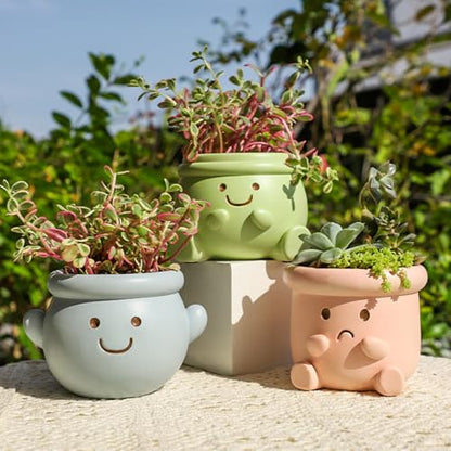 Cute Face Planter Pot, Small Resin Head Planters for Indoor Plants, Funny Smiling Face Flower Pot Succulent Planter with Drainage Hole, Gift IdeaI for Birthday Christmas (Pink) - color: Pink