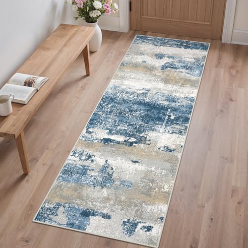 GENIMO 2x6 Runner Rug Non Slip Washable for Hallway Entryway Sky Blue | Modern Abstract, Lightweight Low Pile Thin Carpet, Spill and Stain Resistant Soft Mat for Kitchen Floor, Laundry Room Bedroom - color: Sky Blue, size: 2' x 6' (Rectangular)