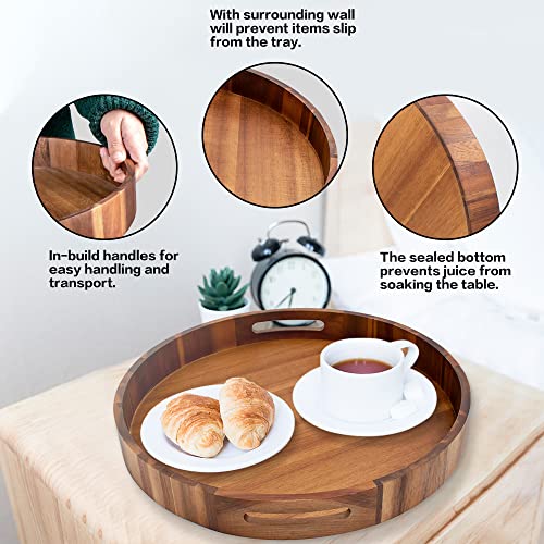 Round Wood Serving Trays Set of 2, Ottoman Tray Rustic Acacia Wooden Trays with Handles, Nesting Circle Tray with 4 Coasters for Coffee Table Living Room Bathroom Bedroom Party - color: 15.75"+13.78" Round Tray - Acacia