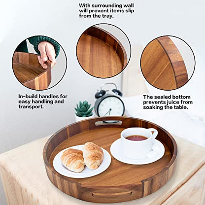 Round Wood Serving Trays Set of 2, Ottoman Tray Rustic Acacia Wooden Trays with Handles, Nesting Circle Tray with 4 Coasters for Coffee Table Living Room Bathroom Bedroom Party - color: 15.75"+13.78" Round Tray - Acacia