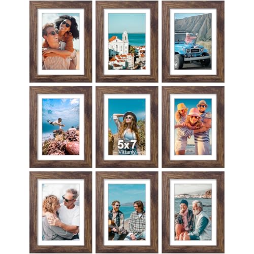 Vittanly 5x7 Picture Frames Set of 9, Shatter Resistant Plexiglass, Display 4x6 Pictures with Mat or 5x7 without Mat, Photo Frames for Wall or Tabletop, Engineered Wood, Brown | Display Pictures 4x6 with Mat or 5x7 without Mat, Small Photo Frames, Enginee