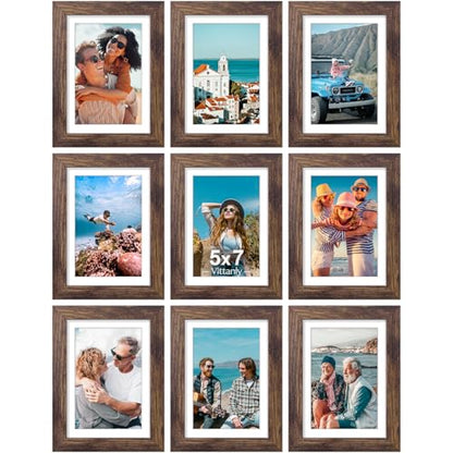 Vittanly 5x7 Picture Frames Set of 9, Shatter Resistant Plexiglass, Display 4x6 Pictures with Mat or 5x7 without Mat, Photo Frames for Wall or Tabletop, Engineered Wood, Brown | Display Pictures 4x6 with Mat or 5x7 without Mat, Small Photo Frames, Enginee