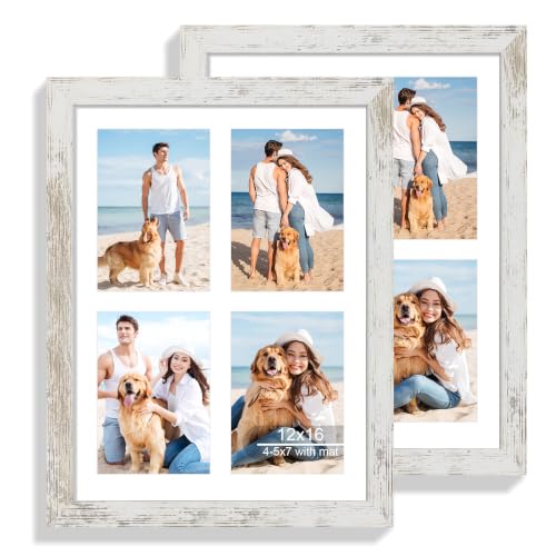 Hongkee 12x16 Frame Set of 2, Display Four 5x7 with Mat - Real Glass Cover | Distressed White Wooden, 12 x 16 Collage Picture Frame - Horizontal or Vertical Wall Mounting, fits Photos, Posters and Art - color: Distressed White, size: 12x16 in matted to 4-