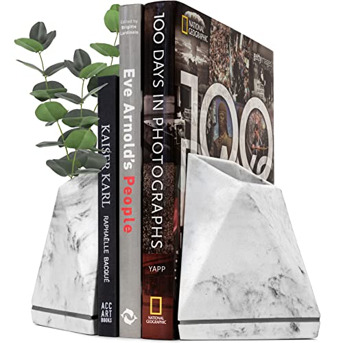 Marble Style Bookends - Decorative, Heavy Duty Book Holder for Shelves, Non Skid, Unique Design (White)