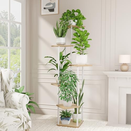 Bamworld White Plant Stand Indoor Tall Metal Wood Plant Shelf | 6 Tier Flower Stand for Patio Garden Balcony Living Room Bedroom - color: White Oak, size: 6 Tier