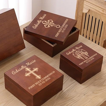 First Communion Gifts Personalized Memory Keepsake Box for Boys and Girls | 1st Holy Communion Gift Box, Wooden Box for Jewelry, Trinkets, Mementos & Photos Storage - Custom Name, Date & Cross Design - size: 5.9"L x 5.9"W x 3.9"H, style: Communion