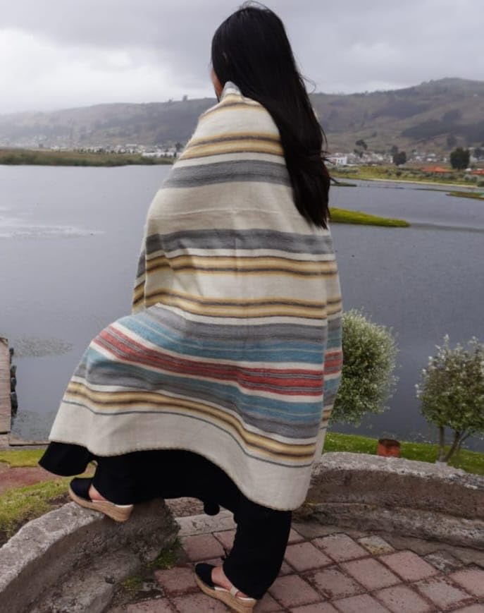 Alpaca Wool Throw Blanket, Queen (95" x 65") | Cozy, Ultra-Soft, Naturally Warm, Lightweight & Breathable, Non-Itchy - color: Beige and Colors Striped, size: Queen (95" x 65")