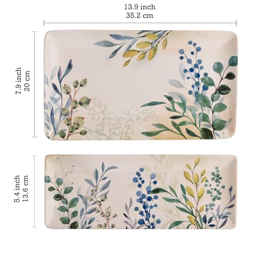 Bico Botanical Valley Ceramic 14 inch Rectangular Serving Platter, Set of 2, for Serving Salad, Pasta, Cheese, Ham, Appetizer, Microwave & Dishwasher Safe