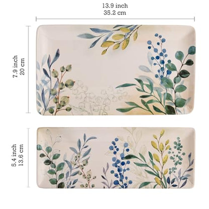Bico Botanical Valley Ceramic 14 inch Rectangular Serving Platter, Set of 2, for Serving Salad, Pasta, Cheese, Ham, Appetizer, Microwave & Dishwasher Safe