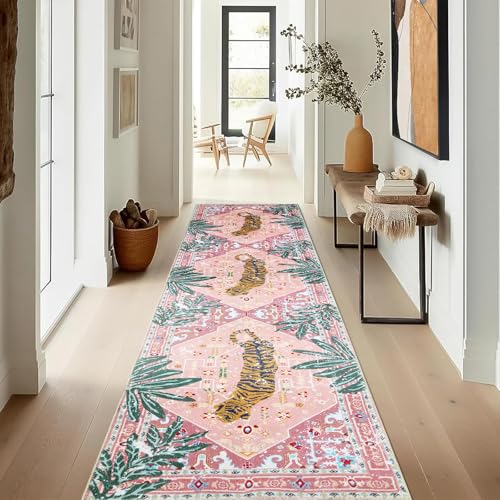 Oriental Tropical Hallway Runner Rug 2x8 Washable, Thin Stain Resistant Pink Boho Runner Rug for Entryway Kitchen Bedroom Laundry, Vintage Abstract Hippie Indian Botanical Long Floor Carpet - color: Pink, size: 2' x 8'