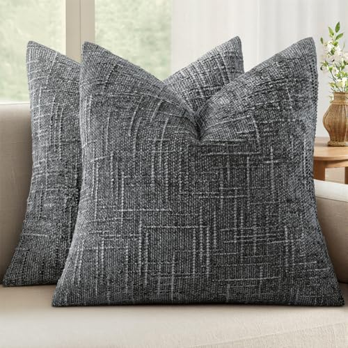MIULEE Chenille Textured Throw Pillow Covers Dark Grey 18x18 Set of 2 | Slubby Decorative Pillows, Boho Farmhouse Home Decor, Modern Neutral Cushion Covers for Couch Sofa Bed Living Room - color: Dark Grey, size: 18" x 18" (Pack of 2)