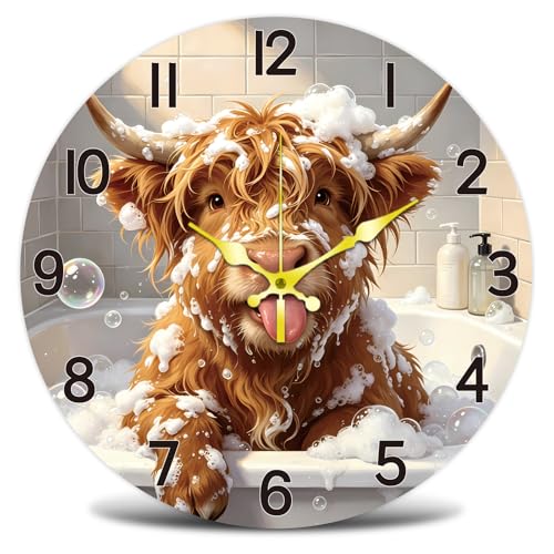 Highland Cattle Wall Clock Silent Non-Ticking 12" for Living Room Decor | 1 AA Battery Operated (not Included); Easy to Read; Keep Accurate Time; Cute Funny Whimsical; Kitchen Bedroom Indoor Use - color: Cow