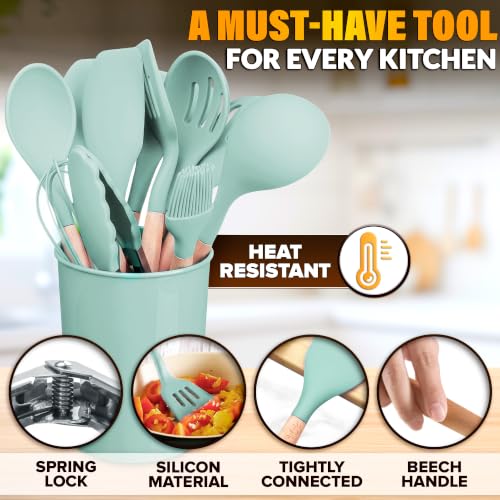 12 Pcs Kitchen Accessories Set with Holder, Silicone Heads (Light Green) | Kitchen Utensils Set for Cooking and Baking; Wooden Handles; Heat-Resistant up to 446°F; Non-Scratch for Nonstick Pans - color: Light Green