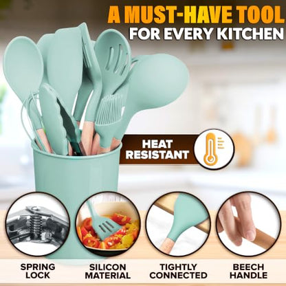 12 Pcs Kitchen Accessories Set with Holder, Silicone Heads (Light Green) | Kitchen Utensils Set for Cooking and Baking; Wooden Handles; Heat-Resistant up to 446°F; Non-Scratch for Nonstick Pans - color: Light Green