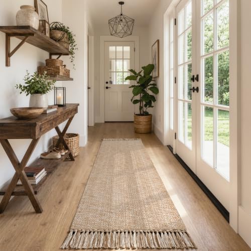 Long Hallway Runner Rug 2.6' x 8', Washable Runner Indoor Entryway Rug, Tan Braided Woven Kitchen Runner Rugs Low-Profile Front Door Floor Carpet for Laundry Room Bedroom Doorway | Tan/Cream Braided Woven Kitchen Runner Rugs, Low-Profile Front Door Floor