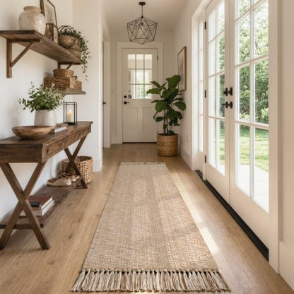 Long Hallway Runner Rug 2.6' x 8', Washable Runner Indoor Entryway Rug, Tan Braided Woven Kitchen Runner Rugs Low-Profile Front Door Floor Carpet for Laundry Room Bedroom Doorway | Tan/Cream Braided Woven Kitchen Runner Rugs, Low-Profile Front Door Floor