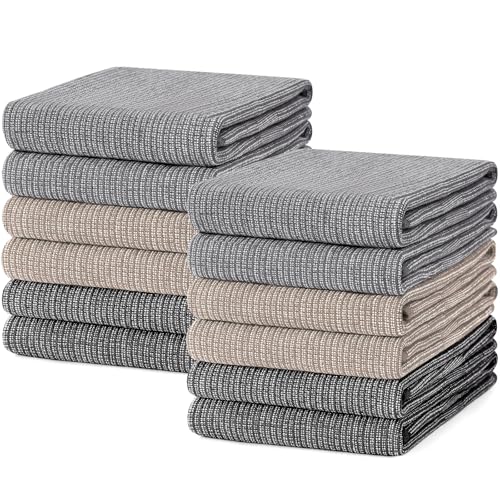Mordimy Cotton Kitchen Towels (18"x 28", 12 Pack), Grey/Khaki/Black | 100% Ring Spun Cotton, Super Absorbent, 380 GSM, Flat & Terry, Soft, Hanging Loop Dish Towels - color: Grey/Khaki/Black, size: 18"x28" - 12 Pack
