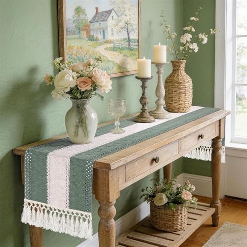 72" Sage Green Table Runner, Boho Woven Cotton with Tassels, Wedding - color: Sage Green, size: 72 inches