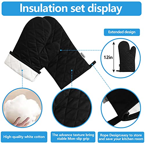 Oven Mitts and Pot Holders 4 pcs Set,High Heat Resistant 500 Degree Extra Thicken Long Kitchen Cotton Oven Glove for Cooking (12 Inch,Black) - color: Cotton-black